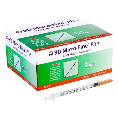 Шприц инсулиновый 1 мл U-40 BD Micro-Fine Plus 29G (0.33 x 12.7 мм), 10 штук