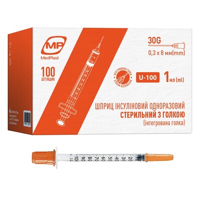 Шприц инсулиновый 1 мл U-100 МР MedPlast 3-компонентный с иглой 30G 1/2" (0,3 x 13 мм), 1 штука