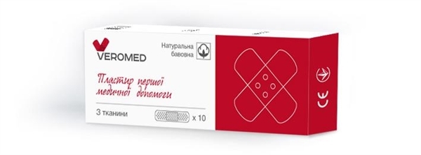 Пластырь бактерицидный Veromed первой медицинской помощи на тканевой основе (хлопок) 1,9 см х 7,2 см, 10 штук
