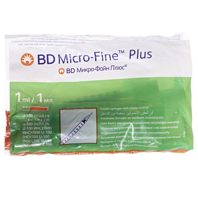 Шприц инсулиновый 1 мл U-100 BD Micro-Fine Plus 30G (0,30 x 8 мм), 10 штук