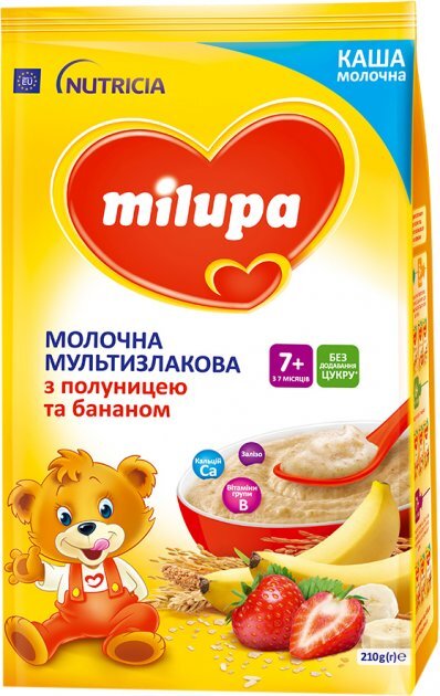 Каша молочная Milupa мультизлаковая с клубникой и бананом для детей с 7 месяцев, 210 г