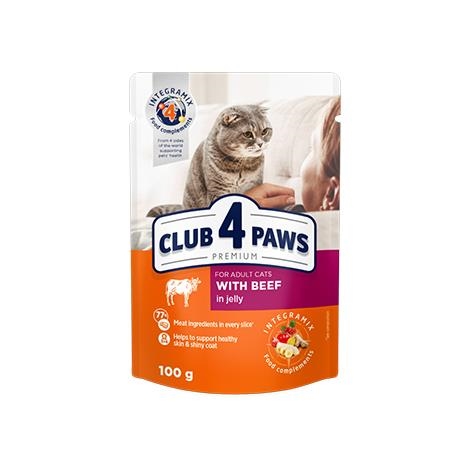 Корм влажный Club 4 Paws для взрослых кошек с Говядиной в желе Премиум, 100 г