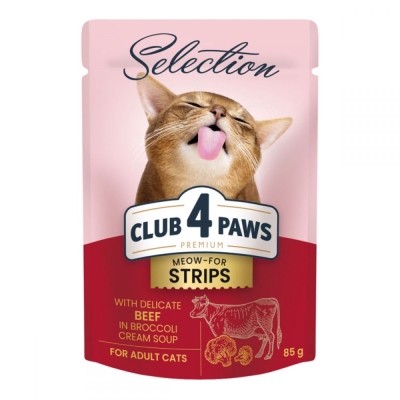 Корм влажный для взрослых кошек Club 4 Paws Selection Премиум с полосками говядины в крем супе из брокколи, 85 г