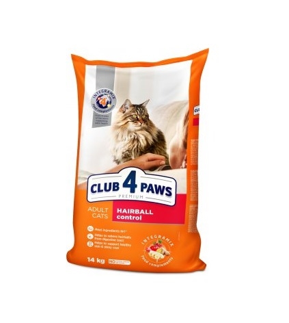 Корм сухой Club 4 Paws для взрослых кошек, выведение шерсти Премиум, 14 кг