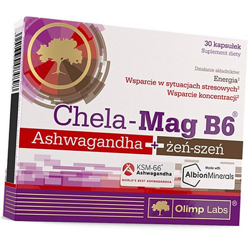 Магний В6 с ашвагандой и женьшенем Olimp Chela-Mag B6 Ashwagandha+Ginseng, 30 капсул