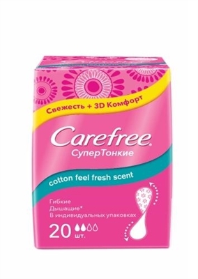 Прокладки ежедневные Carefree Прикосновение Хлопка с свежим ароматом в индивидуальных упаковках супертонкие, 20 штук