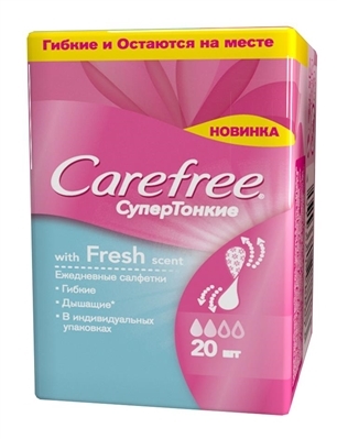 Прокладки ежедневные Carefree with Fresh scent в индивидуальных упаковках супертонкие, 20 штук