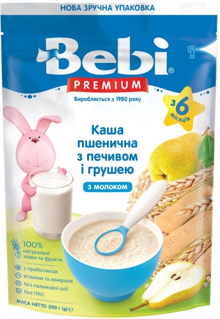 Каша молочная Bebi Premium Пшеничная с печеньем и грушей, с 6 месяцев, 200 г