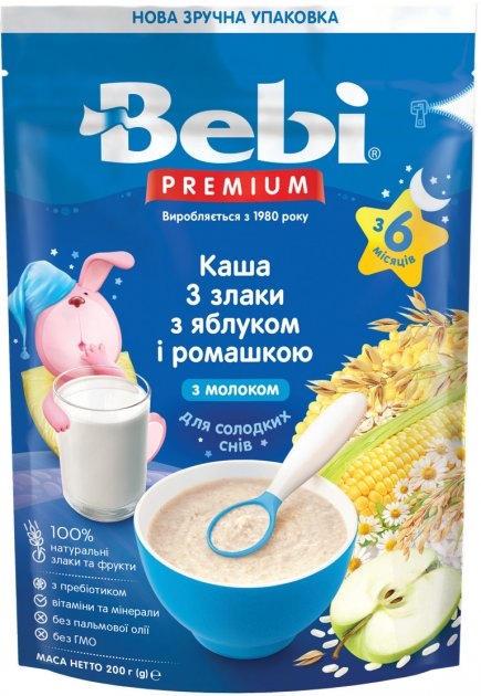 Каша молочная Bebi Premium 3 злака с яблоком и ромашкой, с 6 месяцев, 200 г