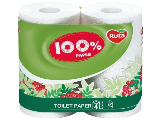 Туалетная бумага Ruta 100% Paper 2 слоя белая, 4 рулона