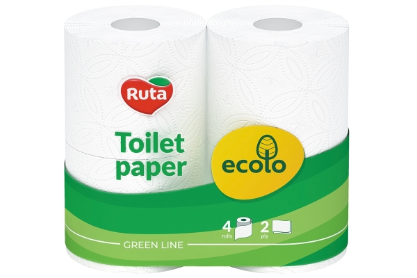 Туалетная бумага Ruta Ecolo 150 отрывов, 2 слоя белая, 4 рулона