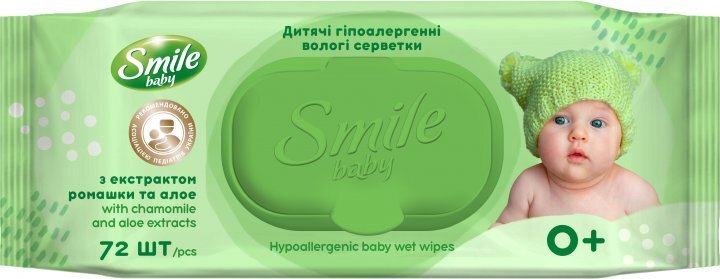 Салфетки влажные Smile Baby 0+ детские с экстрактом ромашки, алоэ и витаминным комплексом, 72 шт