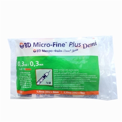 Шприц инсулиновый 0,3 мл U-100 BD Micro-Fine Plus DEMI 30G (0,30 x 8.0 мм), 1 штука