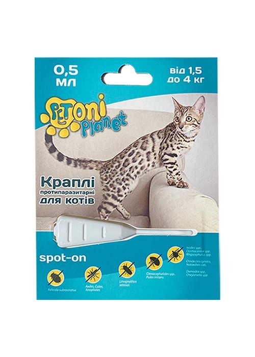 Капли Petoni Planet противопаразитарные 3-х компонентные, для кошек 1,5-4 кг по 0,5 мл, 1 пипетка