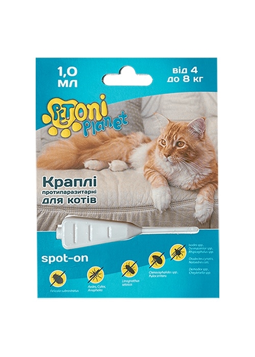 Капли Petoni Planet противопаразитарные 3-х компонентные, для кошек 4-8 кг по 1 мл, 1 пипетка