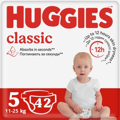Подгузники Huggies Classic детские размер 5, 11-25 кг, 42 шт