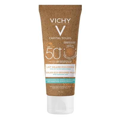 Молочко солнцезащитное Vichy Capital Soleil Solar Eco-Designed Milk увлажняющее для кожи лица и тела SPF 50+, 75 мл