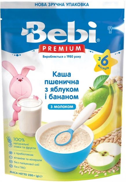 Каша молочная Bebi Premium Пшеничная с яблоком и бананом, с 6 месяцев, 200 г