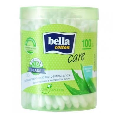 Палочки ватные гигиенические Bella Cotton Care с экстрактом алоэ пластиковая круглая упаковка, 100 штук