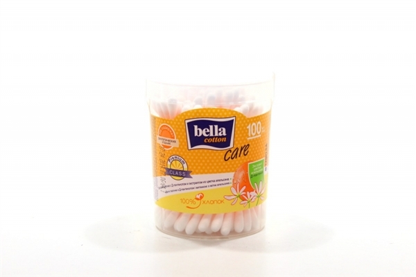Палочки ватные гигиенические Bella Cotton Care с Д-пантенолом и вытяжкой из цветка апельсина пластиковая круглая упаковка, 100 штук