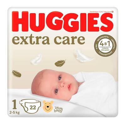 Подгузники Huggies Extra Care детские, размер 1, 2-5 кг, 22 штуки