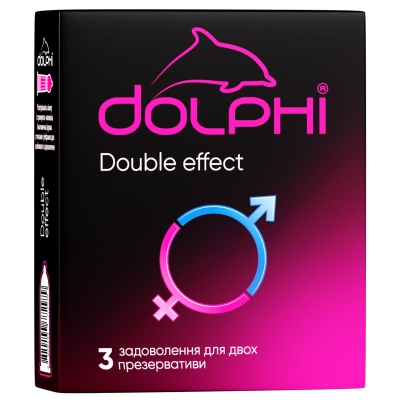 Презервативы латексные Dolphi Double effect с ребрами и точками и двумя видами смазки: разогревающая и анастетик, 3 штуки