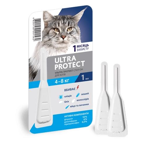 Капли на холку Palladium Ultra Protect от паразитов для кошек весом от 4 до 8 кг, 1 пипетка