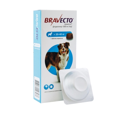 Бравекто жевательная таблетка 1000 мг от блох и клещей для собак 20-40 кг, 1 таблетка