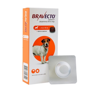 Бравекто жевательная таблетка 250 мг от блох и клещей для собак 4,5 - 10 кг, 1 таблетка