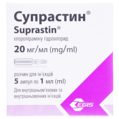 Супрастин раствор д/ин. 20 мг/мл по 1 мл №5 в амп.