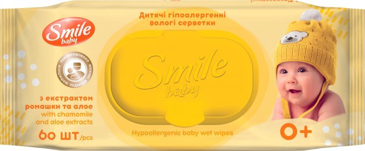 Салфетки влажные Smile Baby 0+ детские с экстрактом ромашки, алоэ и витаминным комплексом, 60 шт