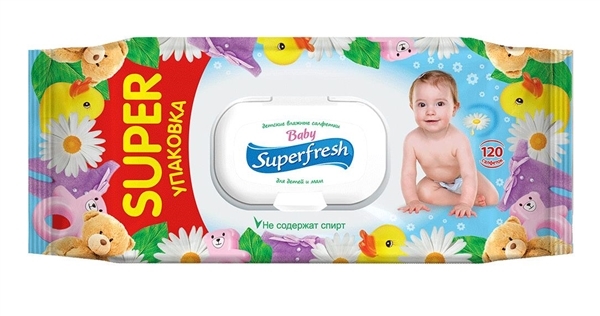 Салфетки влажные Superfresh Baby для детей и мам, с клапаном, 120 шт