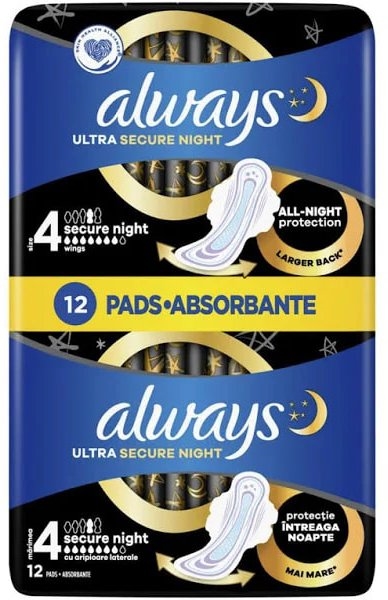 Прокладки гигиенические Always Ultra Secure Night, 7 капель, 4 размер, 12 штук