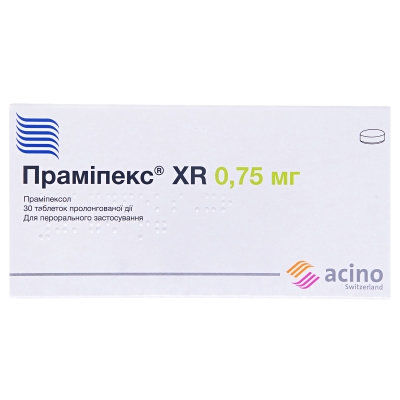 Прамипекс XR таблетки прол./д. по 0.75 мг №30 (10х3)
