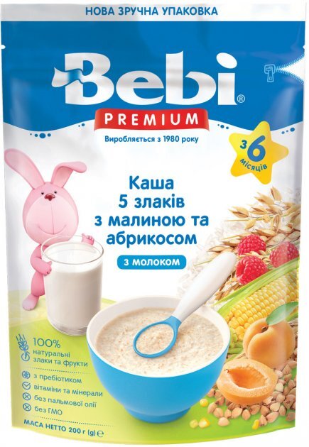 Каша молочная Bebi Premium 5 злаков с малиной и абрикосом, с 6 месяцев, 200 г