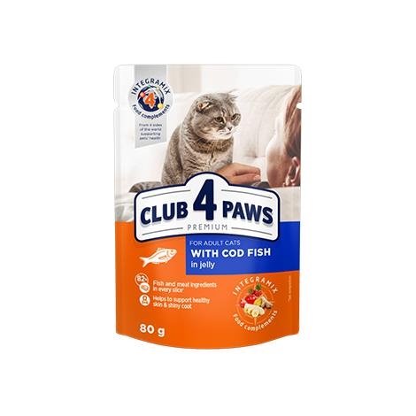 Корм влажный Club 4 Paws для взрослых кошек с Треской в ??желе Премиум, 80 г
