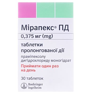 Мирапекс ПД таблетки прол./д. по 0.375 мг №30 (10х3)
