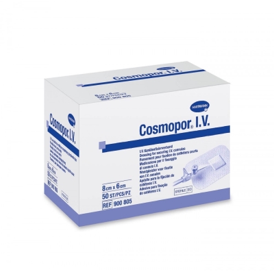 Повязка пластырная Cosmopor I.V. для фиксации канюль, 6 см х 8 см, 50 штук
