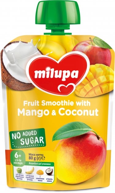Пюре фруктовое Milupa Яблоко, Манго, Банан и Кокос для детей с 6 месяцев, 80 г