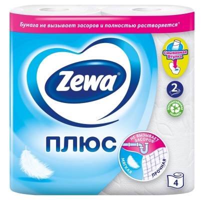 Туалетная бумага Zewa двухслойная, белая, 4 рулона
