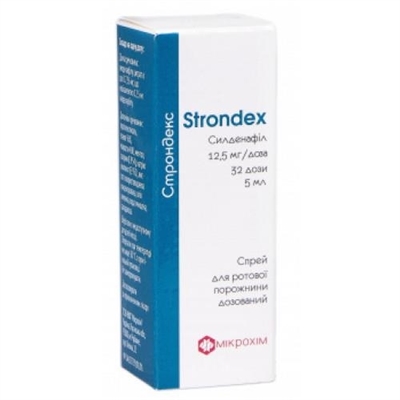 Строндекс спрей д/рот. полос., доз. 12.5 мг/доза по 5 мл (32 дозы) во флак.