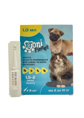 Капли Petoni Planet инсекто-акарицидные с фипронилом для собак и кошек 2-10 кг по 1 мл, 1 піпетка