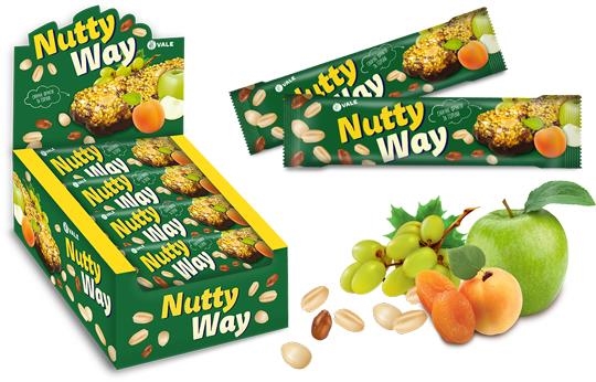Батончик-мюсли Nutty Way ореховый с фруктами частично глазированный, зеленый, 40 г
